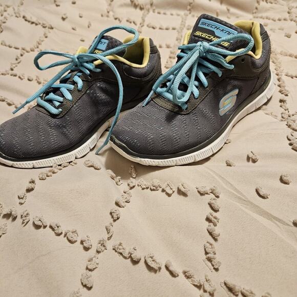 Skechers Flex Appeal Gray And Blue Women’s Sz 6.5 Lace Up SN 11886 - Picture 1 of 9